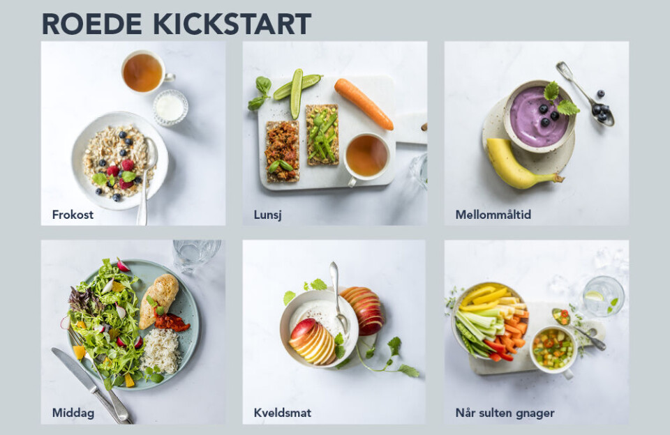 Så mye mat kan du spise på en dag på Roede Kickstart, som er 1000 kcal/daglig. Så mye mat kan du spise på en dag på Roede Kickstart, som er 1000 kcal/daglig.