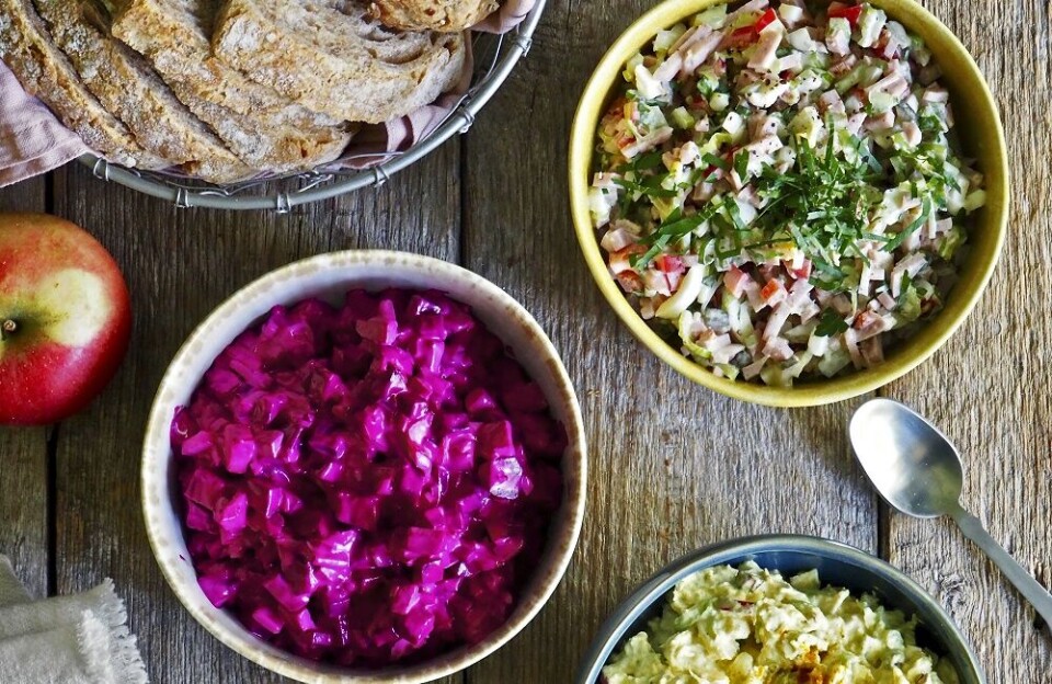 Nydelig skinkesalat og rødbetsalat fra Kokeboken Eltefri bakst. Foto: Ina Janine Johnsen Nydelig skinkesalat og rødbetsalat fra Kokeboken Eltefri bakst. Foto: Ina Janine Johnsen